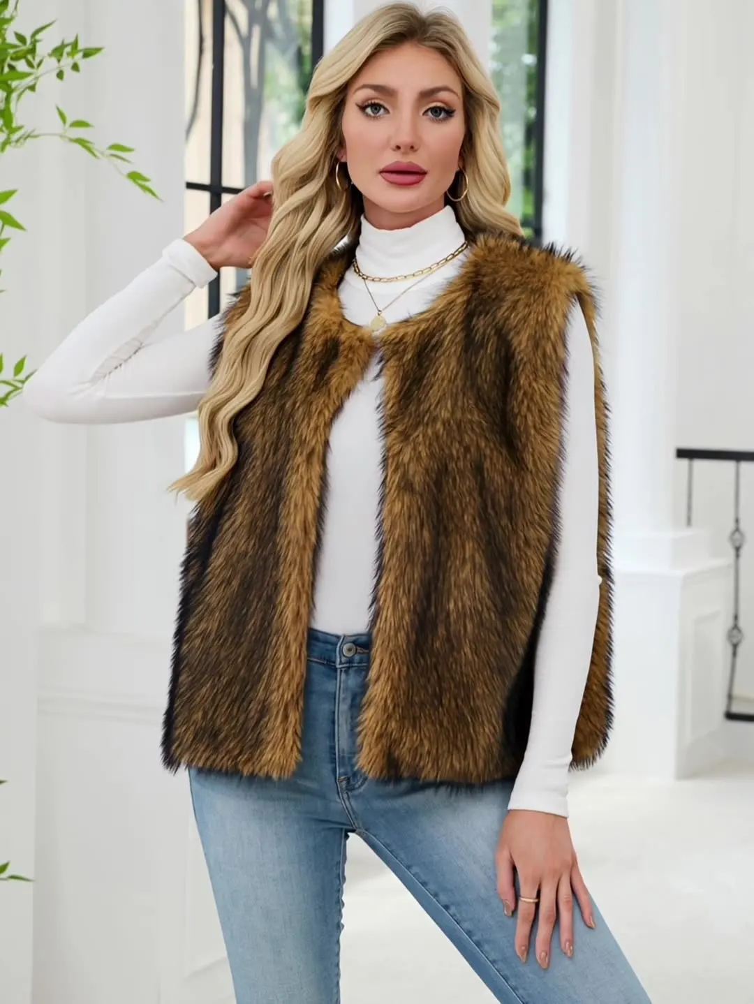 Women's Faux Fur Vest 2025 New Style V-Neck Sleeveless Waistcoat Trendy Casual Outerwear for Ladies