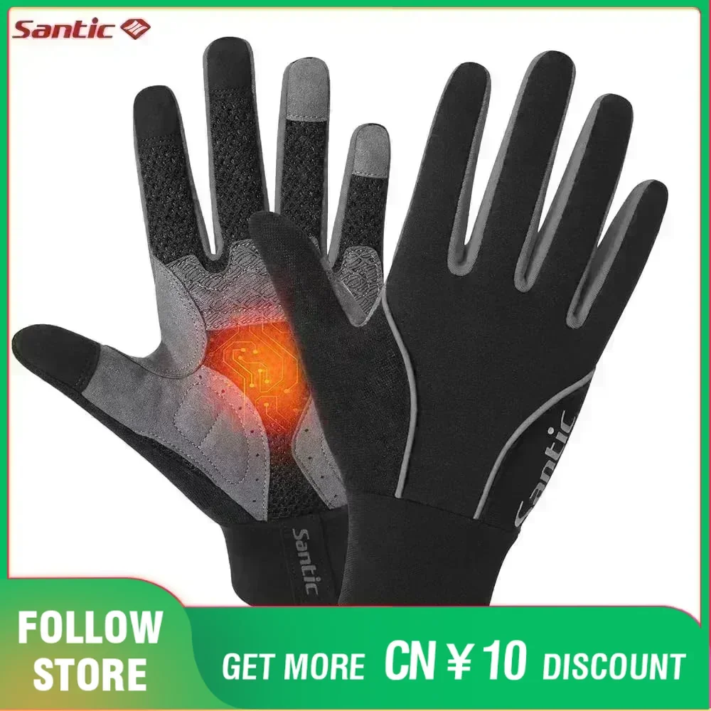 Santic Men's Full Finger Gloves Winter Thermal Fleece Warmer Cycling Gloves Windproof Male Motorcycle MTB Bike Gloves K9M9134