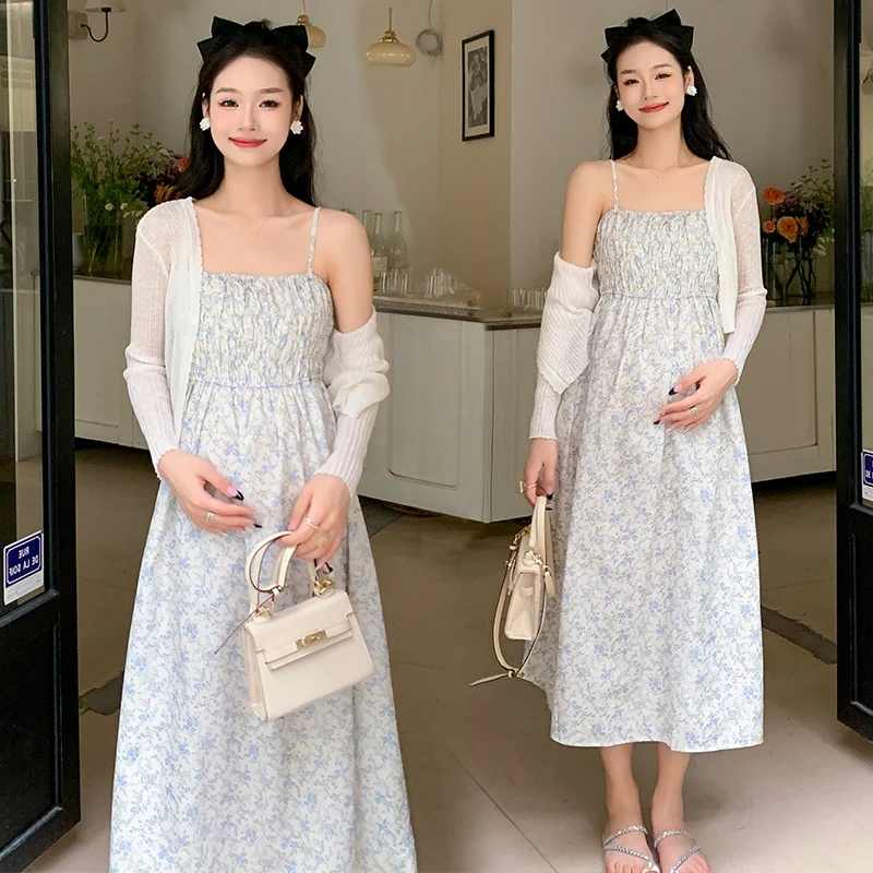 Maternity Summer Floral Dress Sleeveless High Waist Stretched Pregnant Woman Strap Dress Elegant Pregnancy Chiffon Beach Dresses