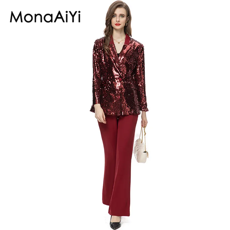 MonaAiYi Runway 2023 Newest High Street Fashion Designer Women's Sequin Deep Red Blazer+High Waist Flared Trousers 2pcs Set