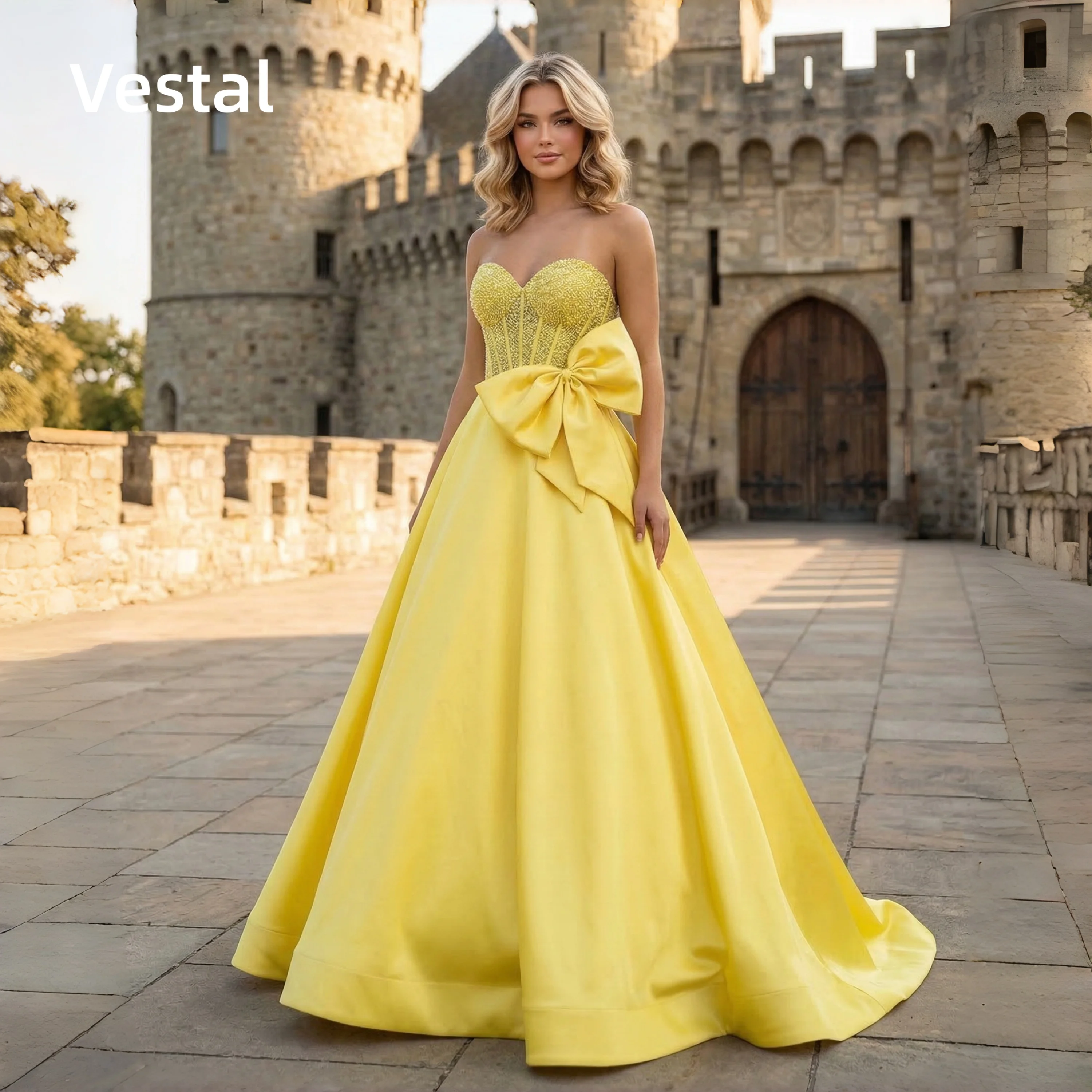 Luxury Beaded Strapless Yellow Prom Dress Big Bow Satin Ball Formal Evening Gown Customized