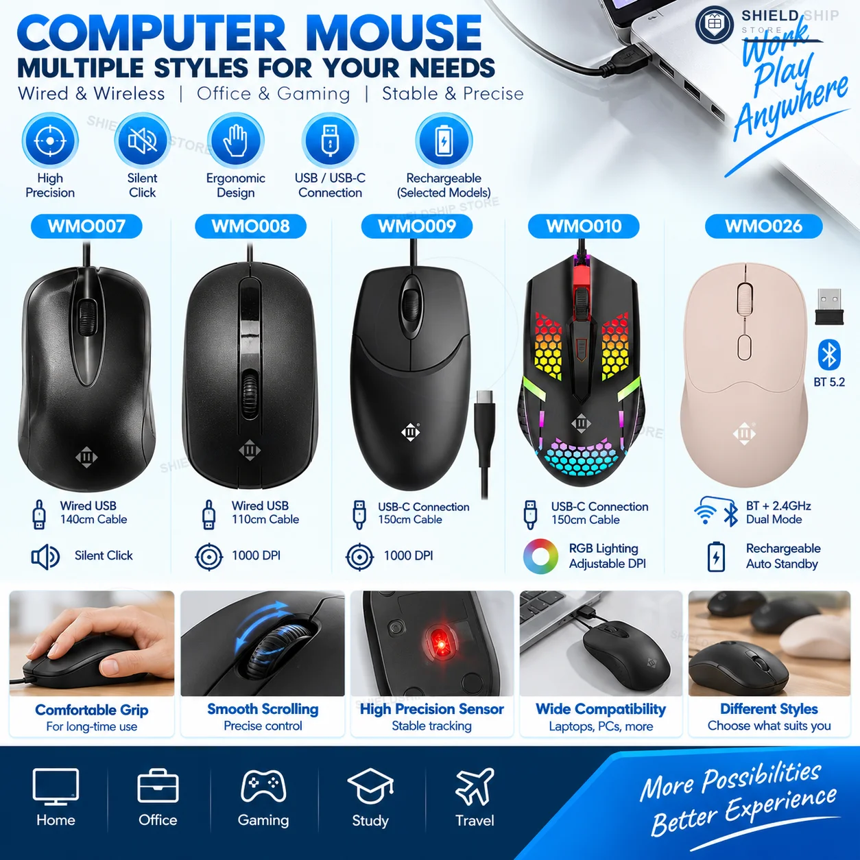 Ratón de ordenador con conexión por cable e inalámbrica, USB, USB-C, Bluetooth 5.2, 1000 DPI, 1600 DPI, clic silencioso, diseño ergonómico