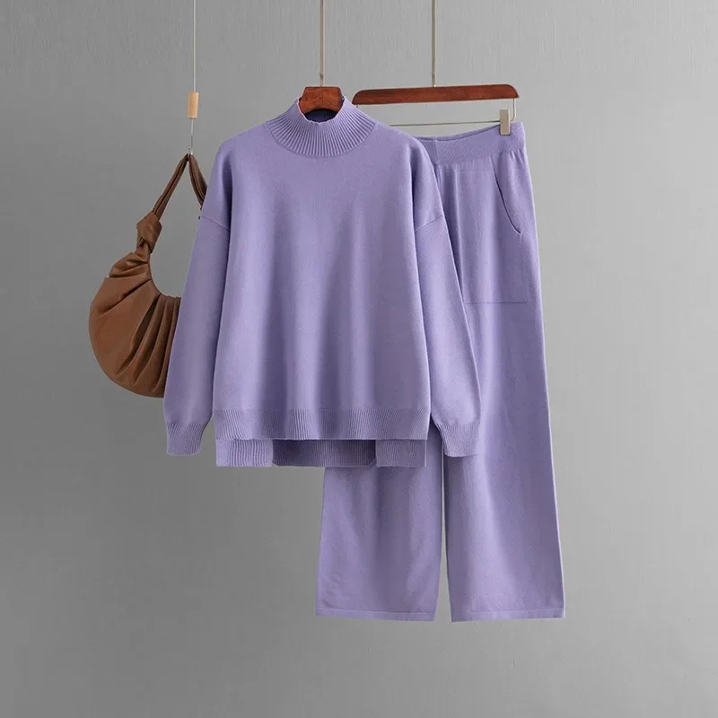 Women Half Turtleneck Knit Wears Sweater Pullover Top Solid Color High Waist Sweatpants Outfit Winter Thick Knitted 2 Piece Sets
