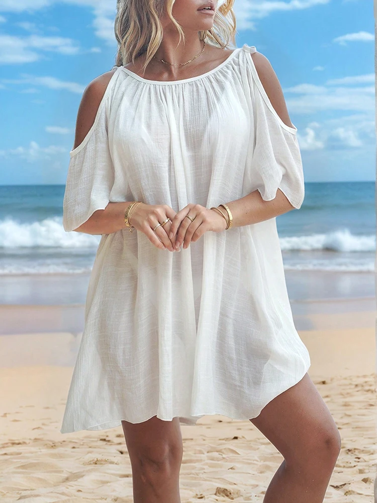 Luźna narzutka plażowa damska na wakacje nad morzem, strój kąpielowy, okrągły dekolt, bez ramiączek, luźna sukienka wkładana przez głowę, ochrona przeciwsłoneczna, odzież plażowa.