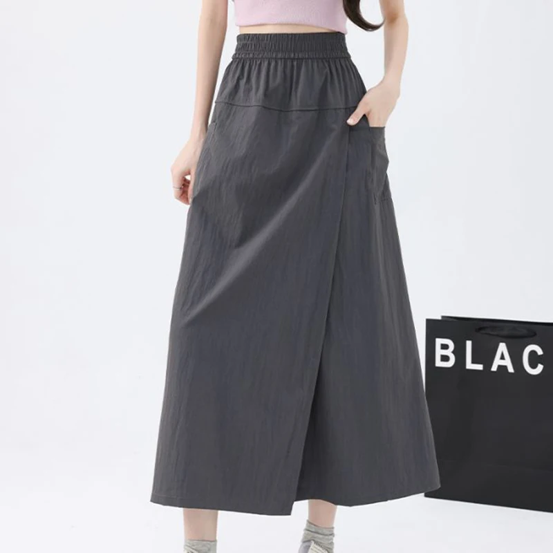 

Summer Women Loose Fit Thin Skirts Pants Girls Fashion Designer High Waist Slit Culottes Female Korean Solid Midi Cargo Dress