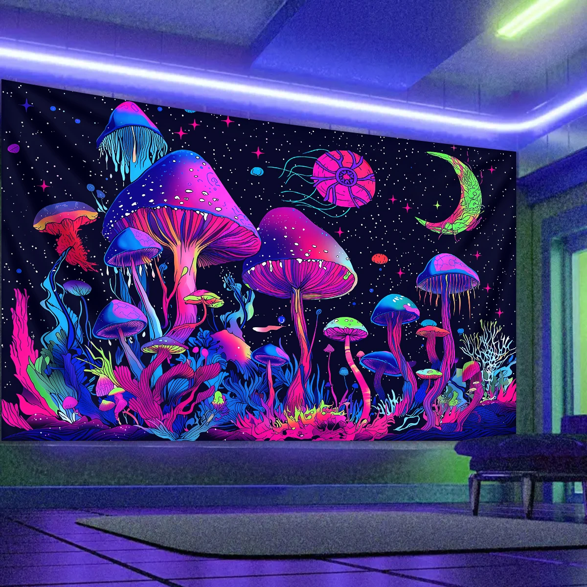 1 Stück Fluoreszierender Pilz-Mond Wandteppich, UV-Schwarzlicht Fantasy-Pflanzen Sternenhimmel Wandbehang, Heimdekoration