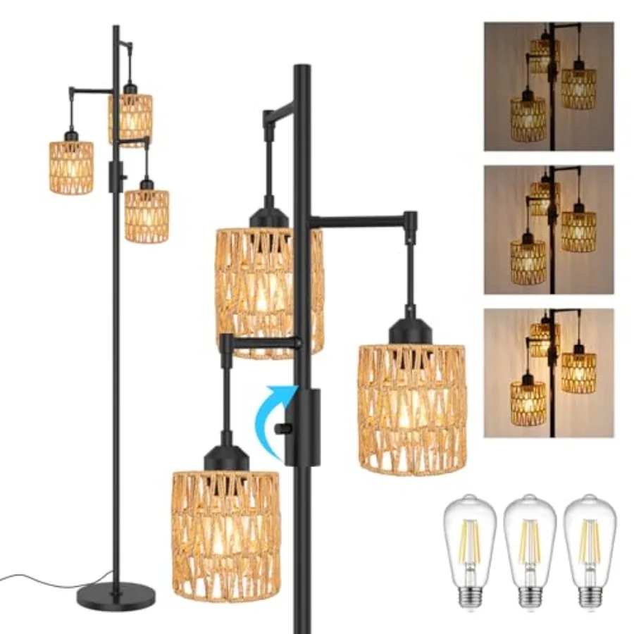 

3-Light Boho Floor Lamp for Living Room, Rattan Wicker Standing Lamp Design, Farmhouse Coastal Floor Light with Woven Shade, Ta