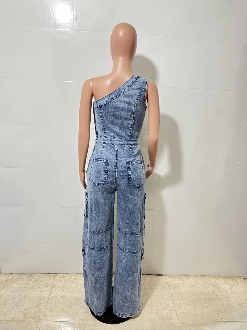 GUWU 2025 Fashion Women’s Jumpsuits One Shoulder High Waist Slim Fit Elastic Washed Denim One Piece Oufit Rompers