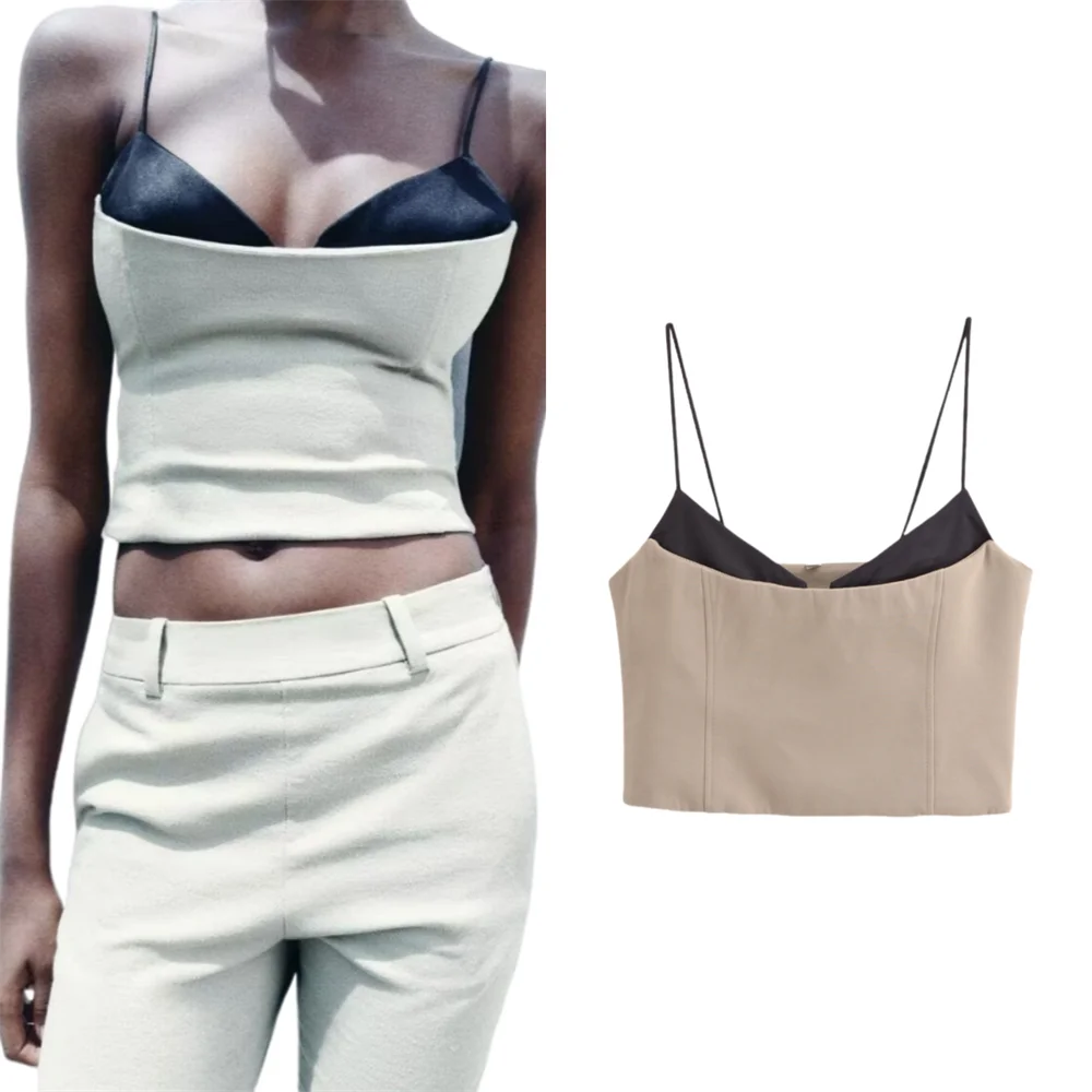 BM&MD&ZA2024 summer women\'s new versatile fashion advanced sexy V-neck slim short stitching suspender top