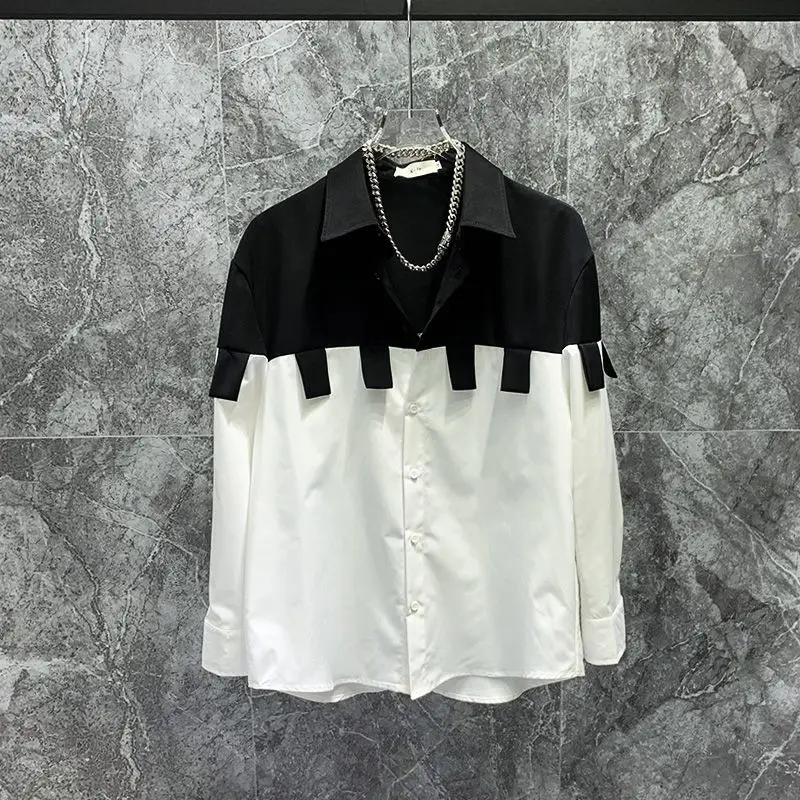 New Spring and Autumn Color Contrast Splicing Design Shirt for Men Trendy Fashionable Casual Collar Loose Long Sleeve Shirt