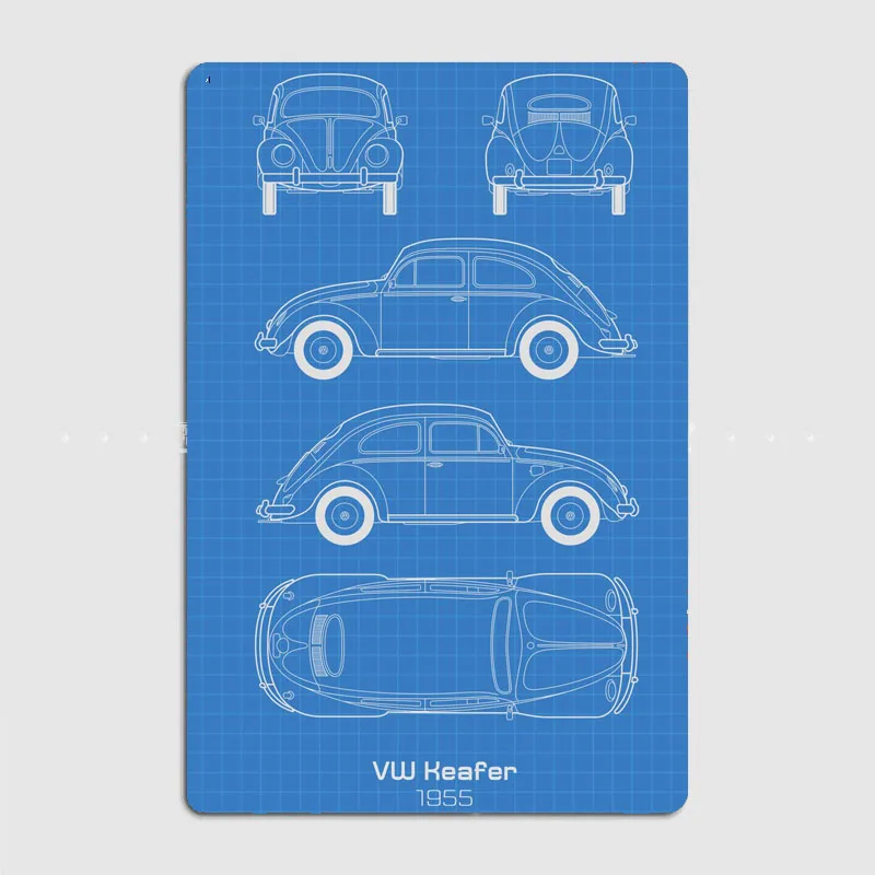 VW Keafer 1955 Beetle Specs Blueprint Retro Classic Car Metal Poster Sign Garage Club Custom Wall Tin Room Decor Home Decor