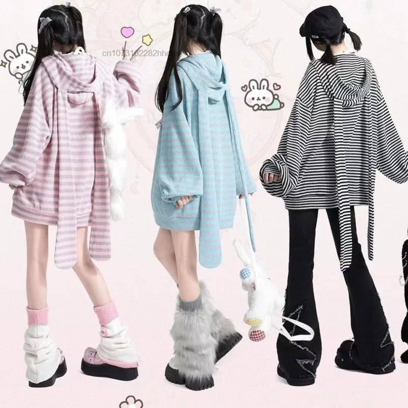 Y2k Harajuku 2023 Autumn New Cardigan Sweater Cute Loose Stripe Rabbit Ear Knitted Hoodie Aesthetic Hooded Knitwear Top Girl Yk2