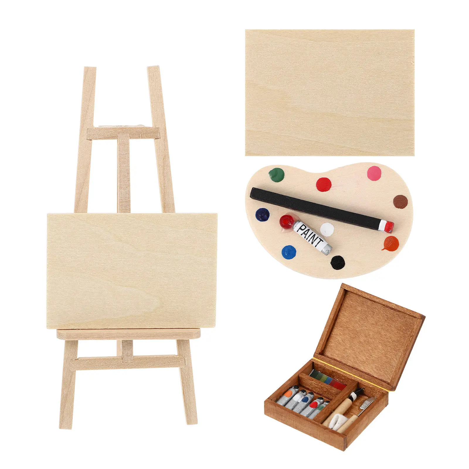 

4Pcs Miniature Wooden Easel Drawing Board Paint Box Set for Dollhouse Decoration Mini House Furniture Adornment Realistic