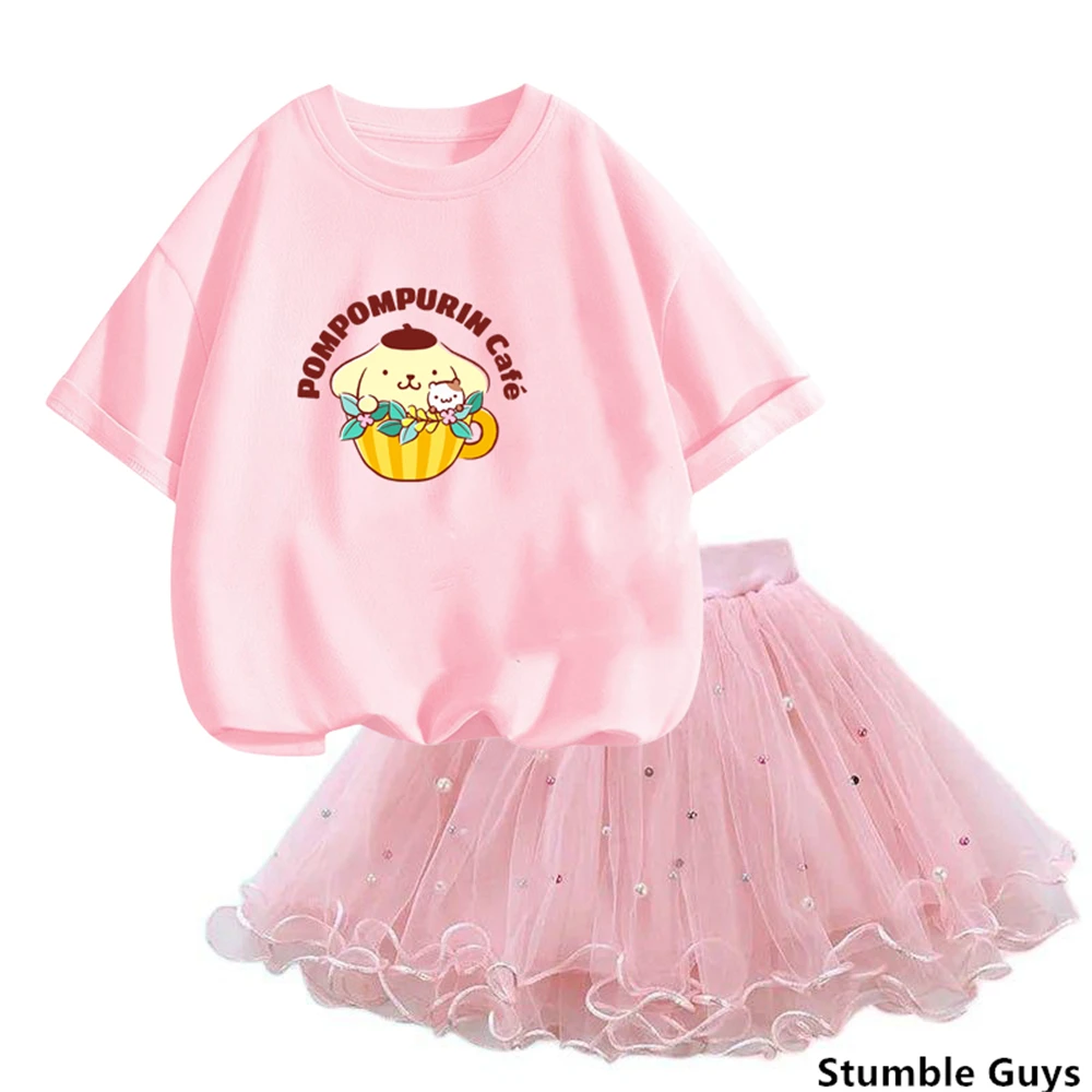 Girls Clothes Korean Pretty pom pom purin T Shirt&mesh Tutu Skirt Two Piece Outfits Set 3-14 Year Children Party Clothing