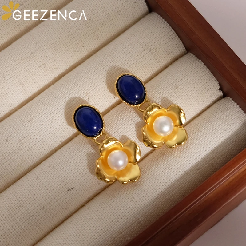 GEEZENCA Lapis Lazuli Freshwater Pearl 925 Silver 18K Gold Flower Dangle Earrings For Women Blue Stone Luxury Earrings 2024 Gift