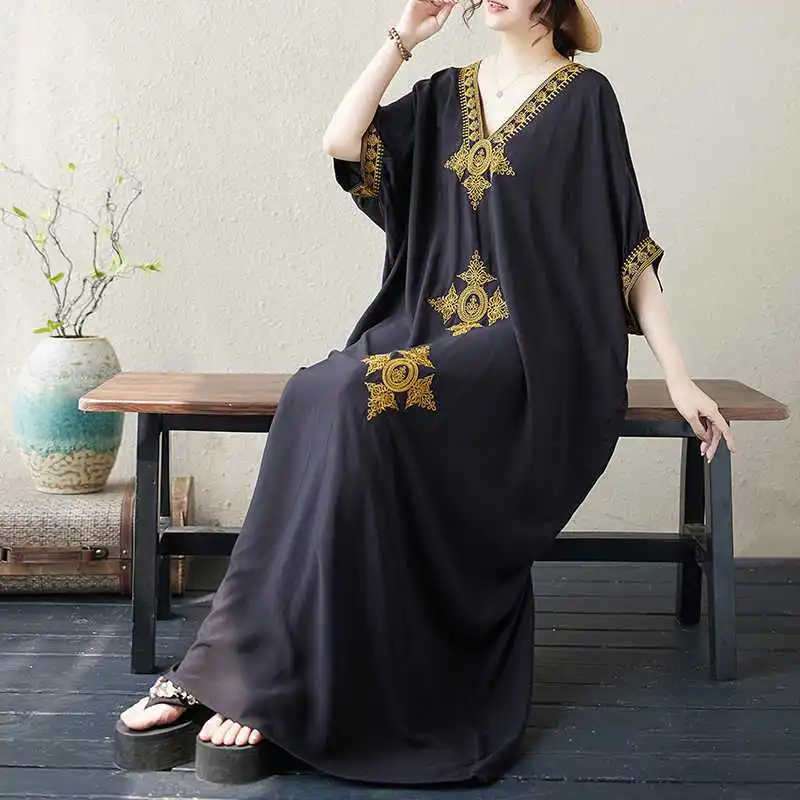 

Bohemian Style Embroidered V-Neck Long Dress Short Sleeves Plus Size Loose Fit Summer Dress Women's Maxi Dress