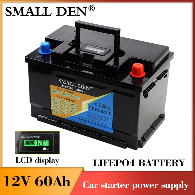 12V 60Ah LiFePO4 Battery Automatic car starter power supply Portable rechargeable High power 12.8v Car lighter Solar RV battery