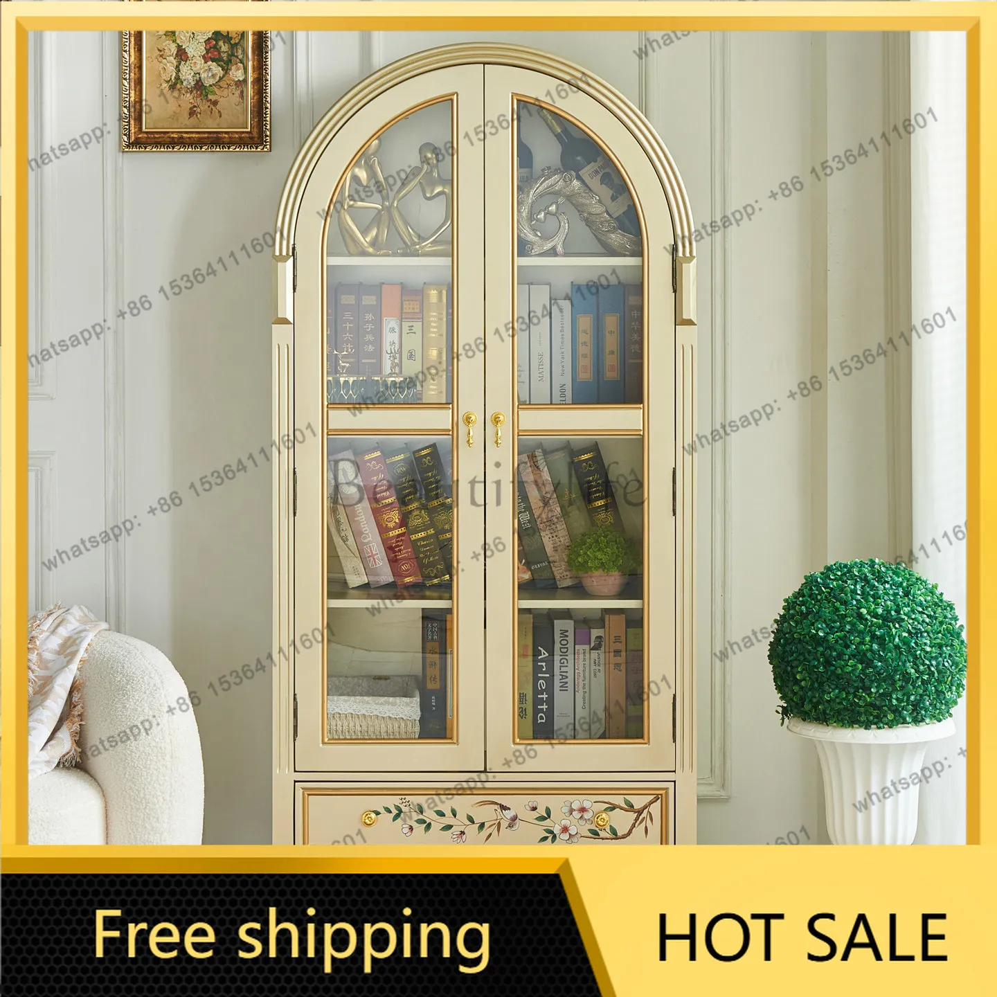 XX. American solid wood retro painted with glass door living room wine cabinet study decorative cabinet