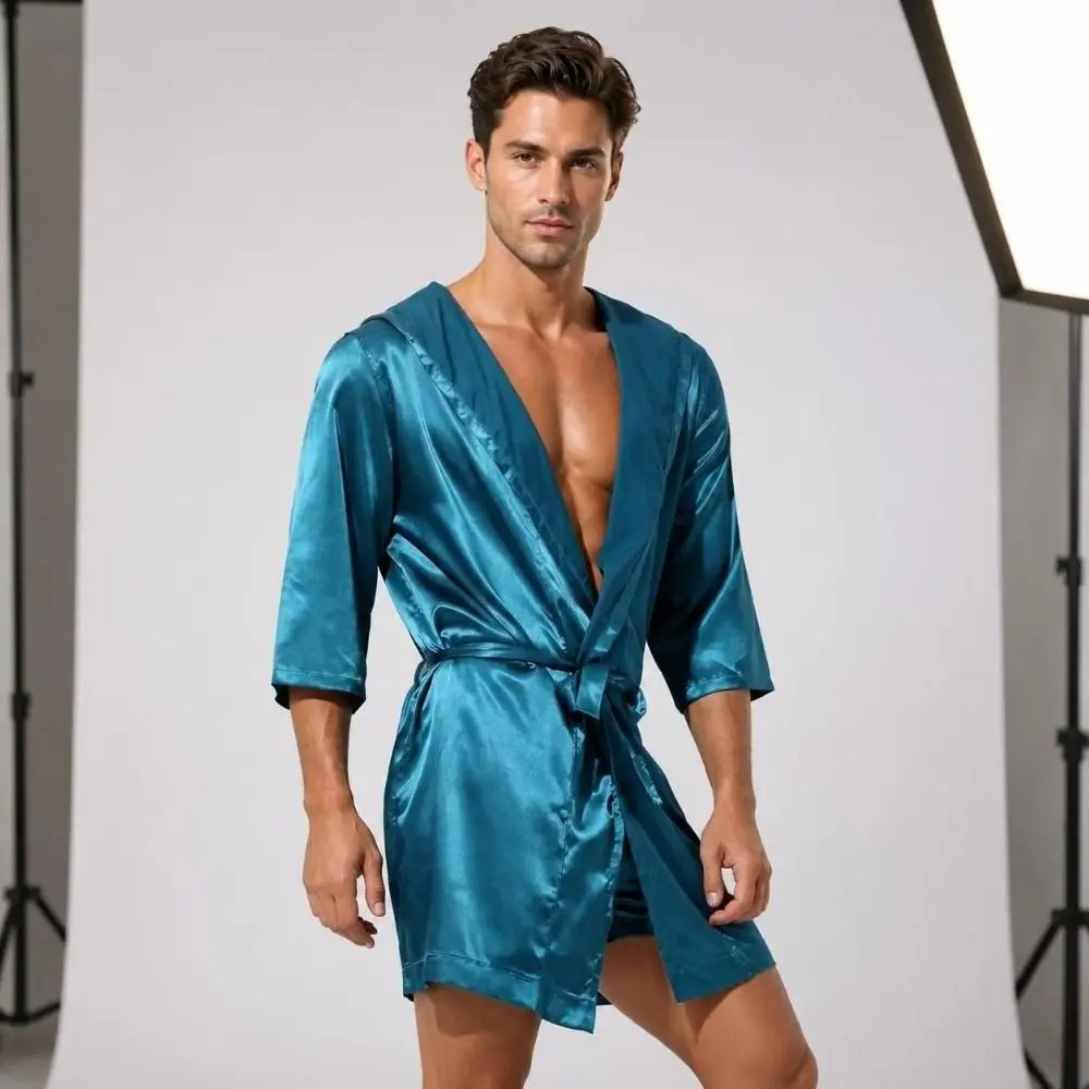 Simple Smooth Men Satin Robe Loose-fit Short-sleeve Silk Bathrobe Lightweight Comfortable Mens Dressing Gown Nightwear