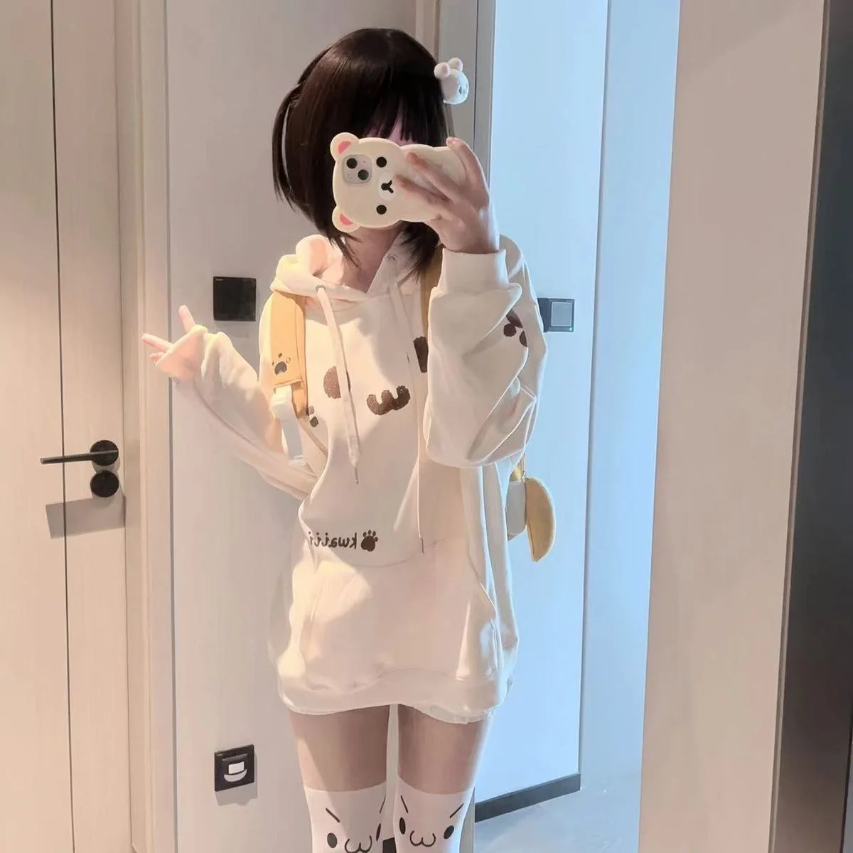 2026 New Japanese Y2k Cat Print Hoodies Harajuku Drawstring Sweatshirts Charm Apricot Kawaii Pockets Women's Oversized Top