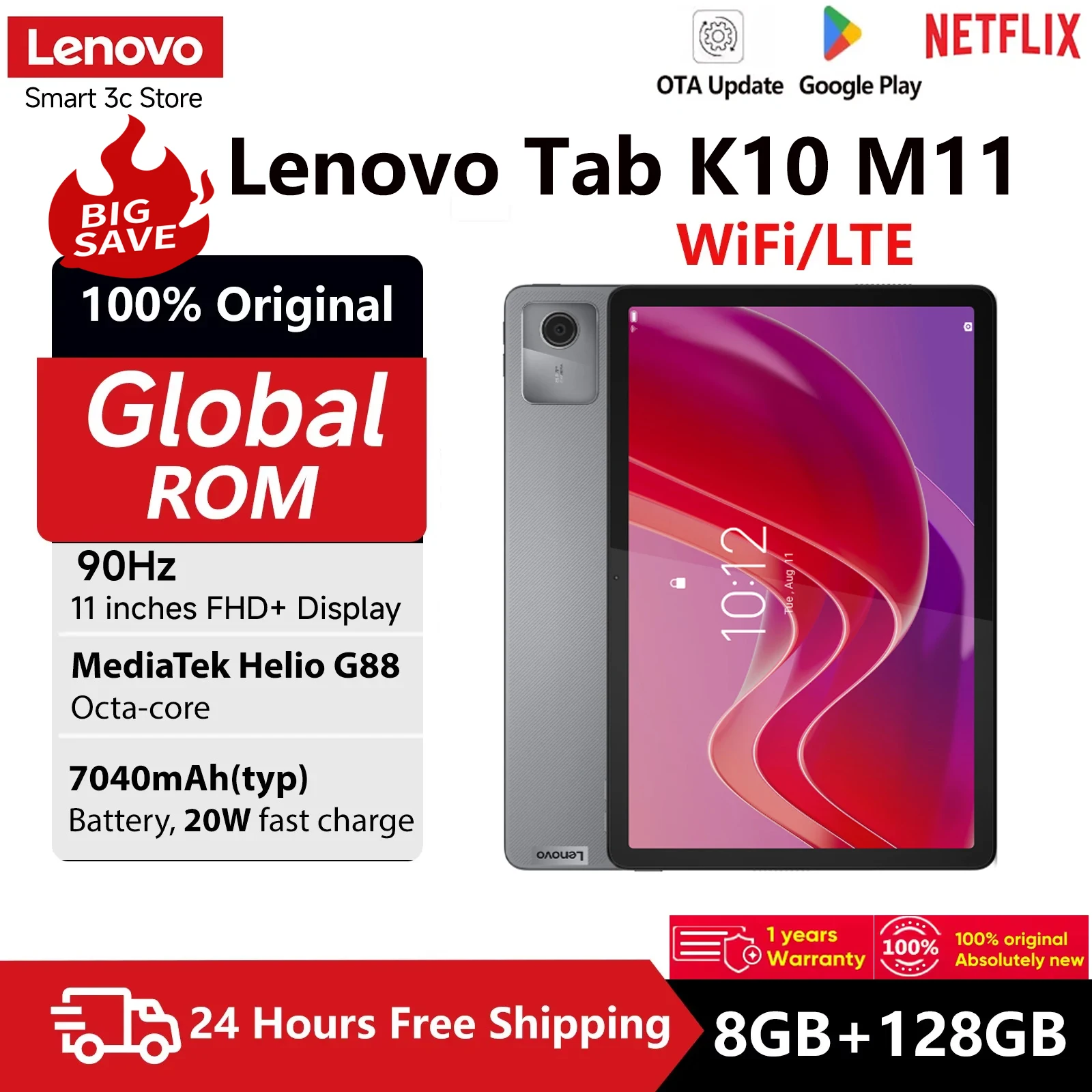 Lenovo Tab K10 M11 TB330FU 8 + 128GB Zhaoyang tablettes K10 MediaTek Helio G88 Global Rom Support OTA 10.95 pouces cran GPS WIFI