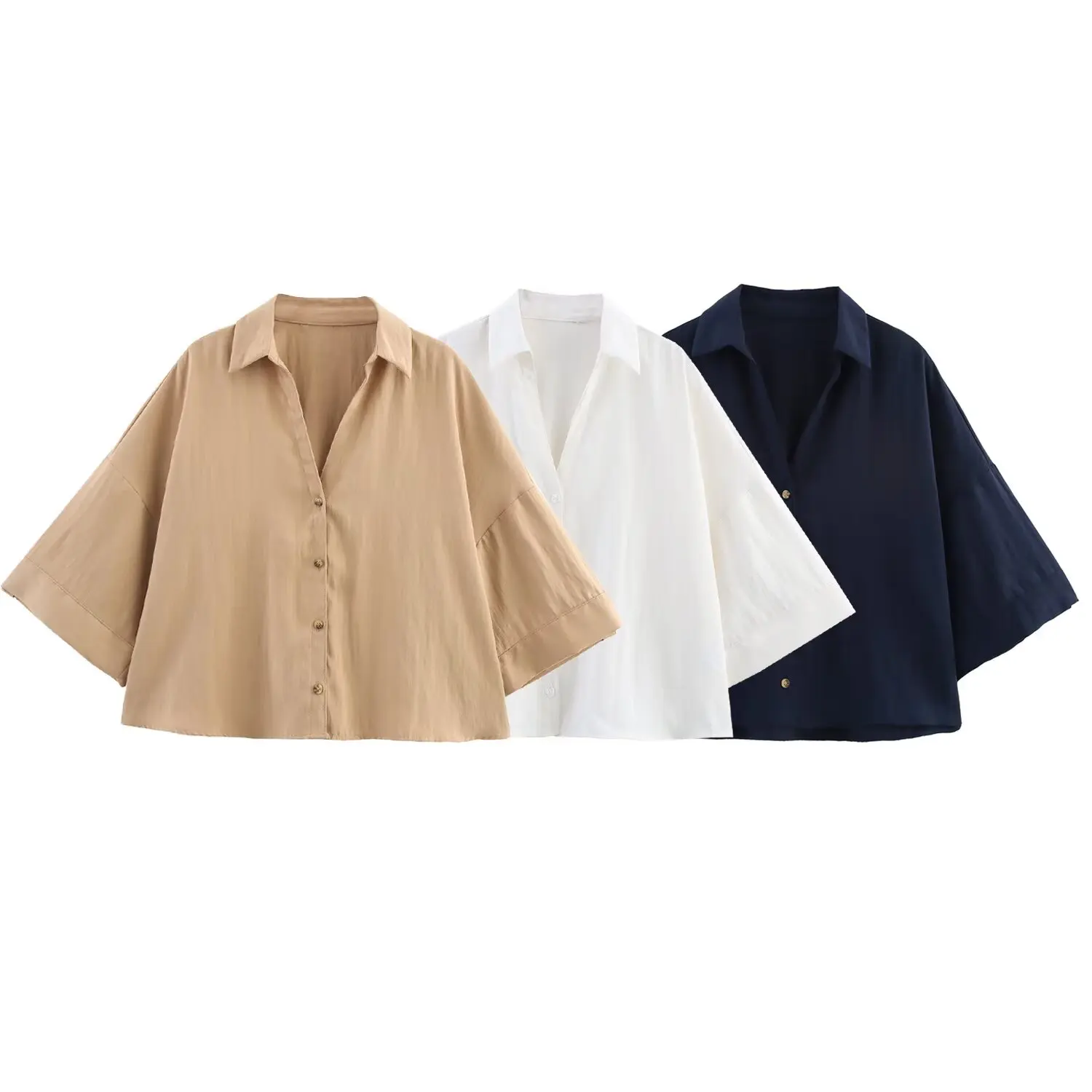 

RARA Womens Summer New Lapel 3/4 Sleeve Casual Loose Short Shirt Top with Wide Sleeve Design