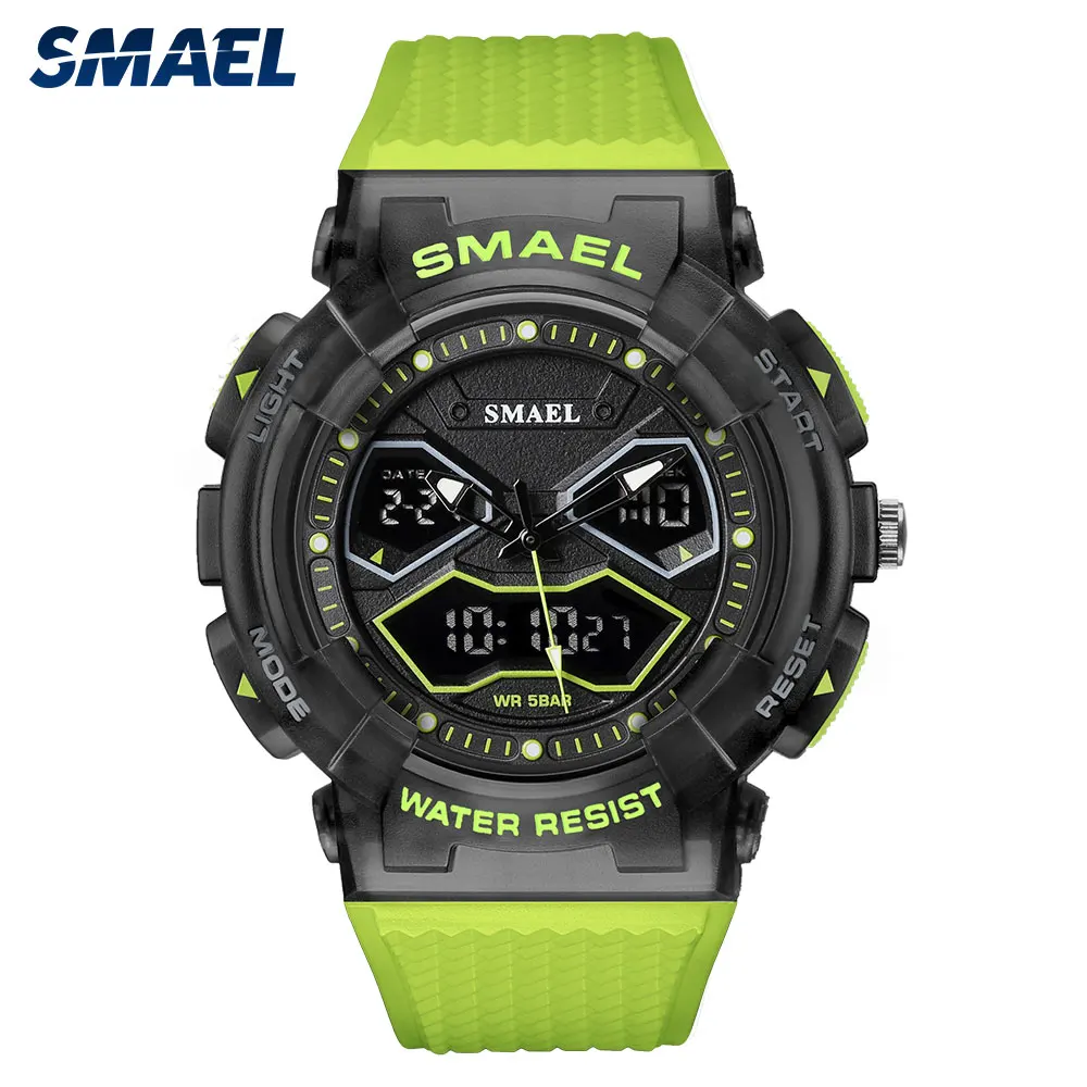 SMAEL Dual Time Digital Watch for Men Military Sport Green Chronograph Quartz Wristwatch with Auto Date Week Waterproof 8073