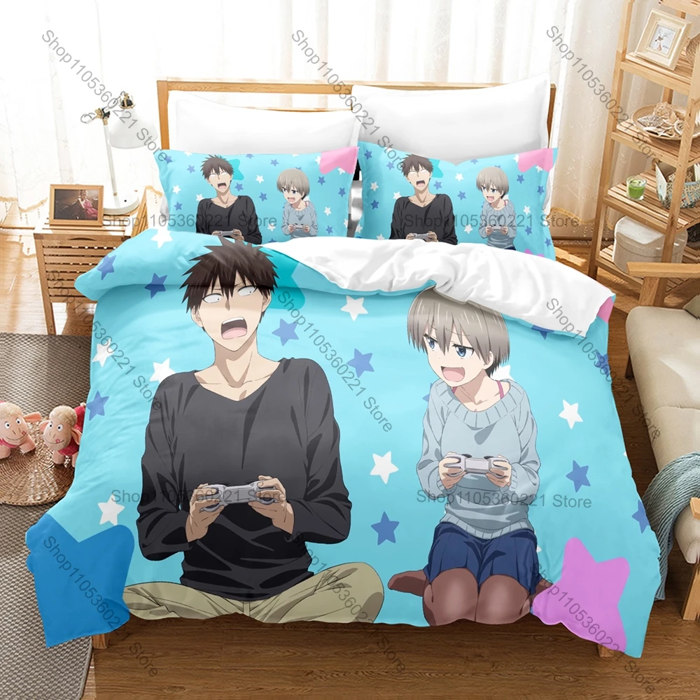 Cool Anime Bedding Set 3Pcs Uzaki-chan Wants to Hang Out! Design Stylish Bedroom Gift for Fans Vivid Anime Art Print