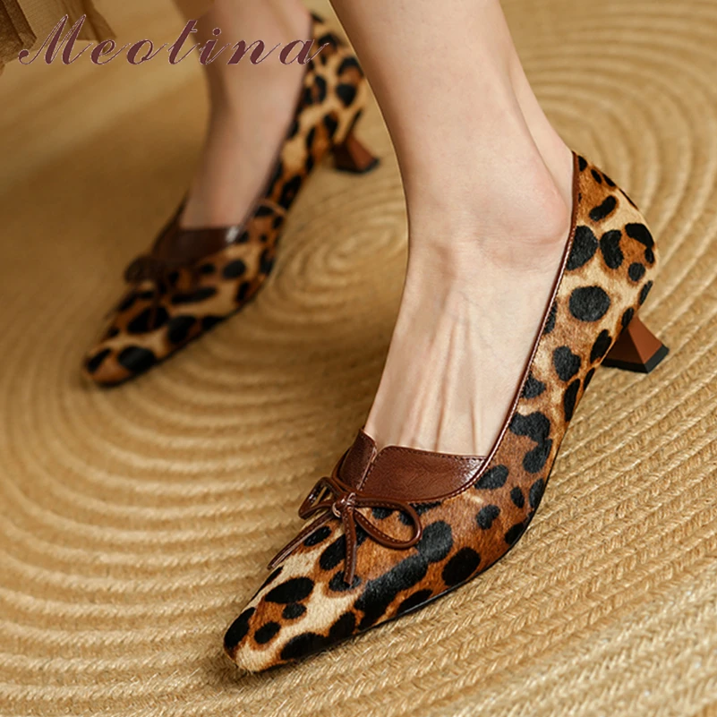 

Meotina/женские туфли-лодочки из натуральной кожи с острым носком на толстом среднем каблуке с бантом, перчатки из конского волоса, женская модная обувь, весенне-осенняя черная обувь