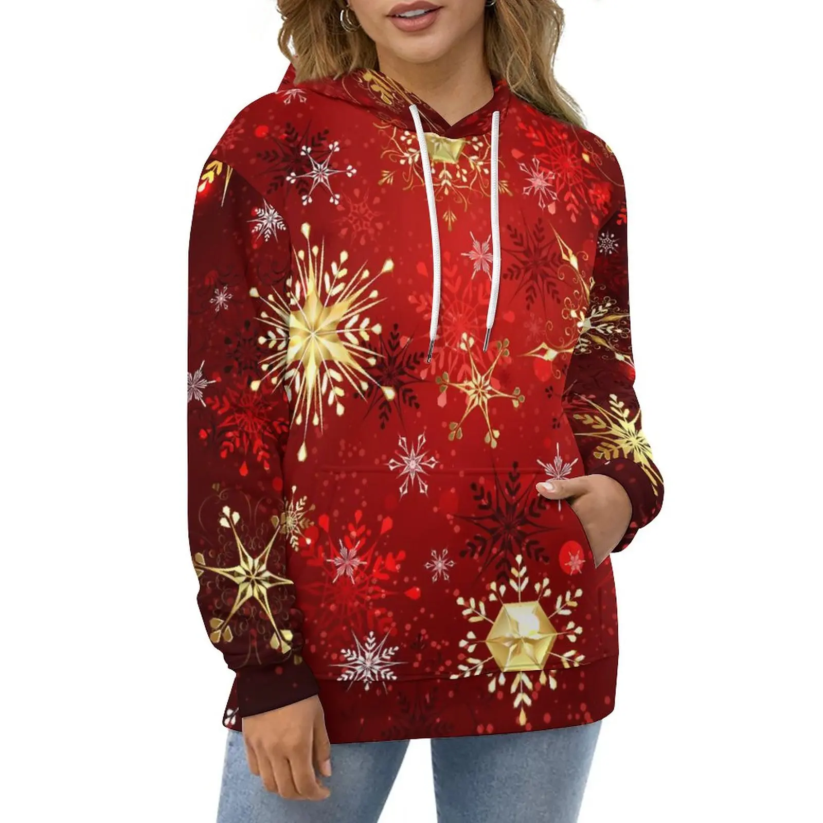 Golden Snowflake Hoodies Christmas Street Wear Casual Pullover Hoodie Long-Sleeve Cute Design Sweatshirts Big Size 5XL 6XL