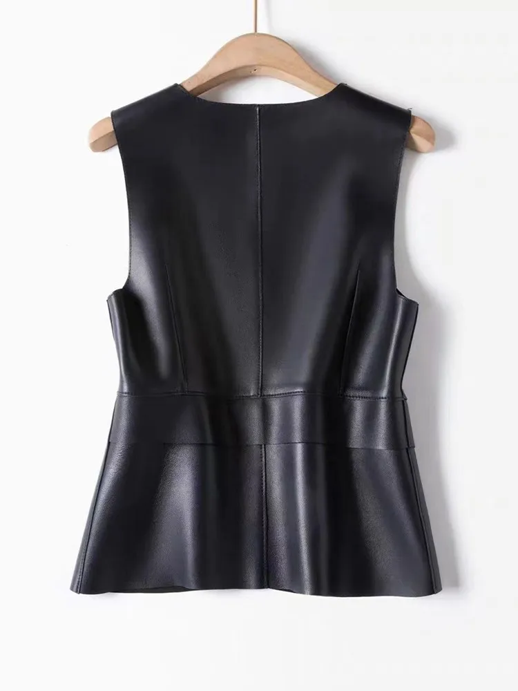 Women's Sheepskin Slimming Vest, Female Leather Waistcoat, Irregular Fashion, Autumn, Winter