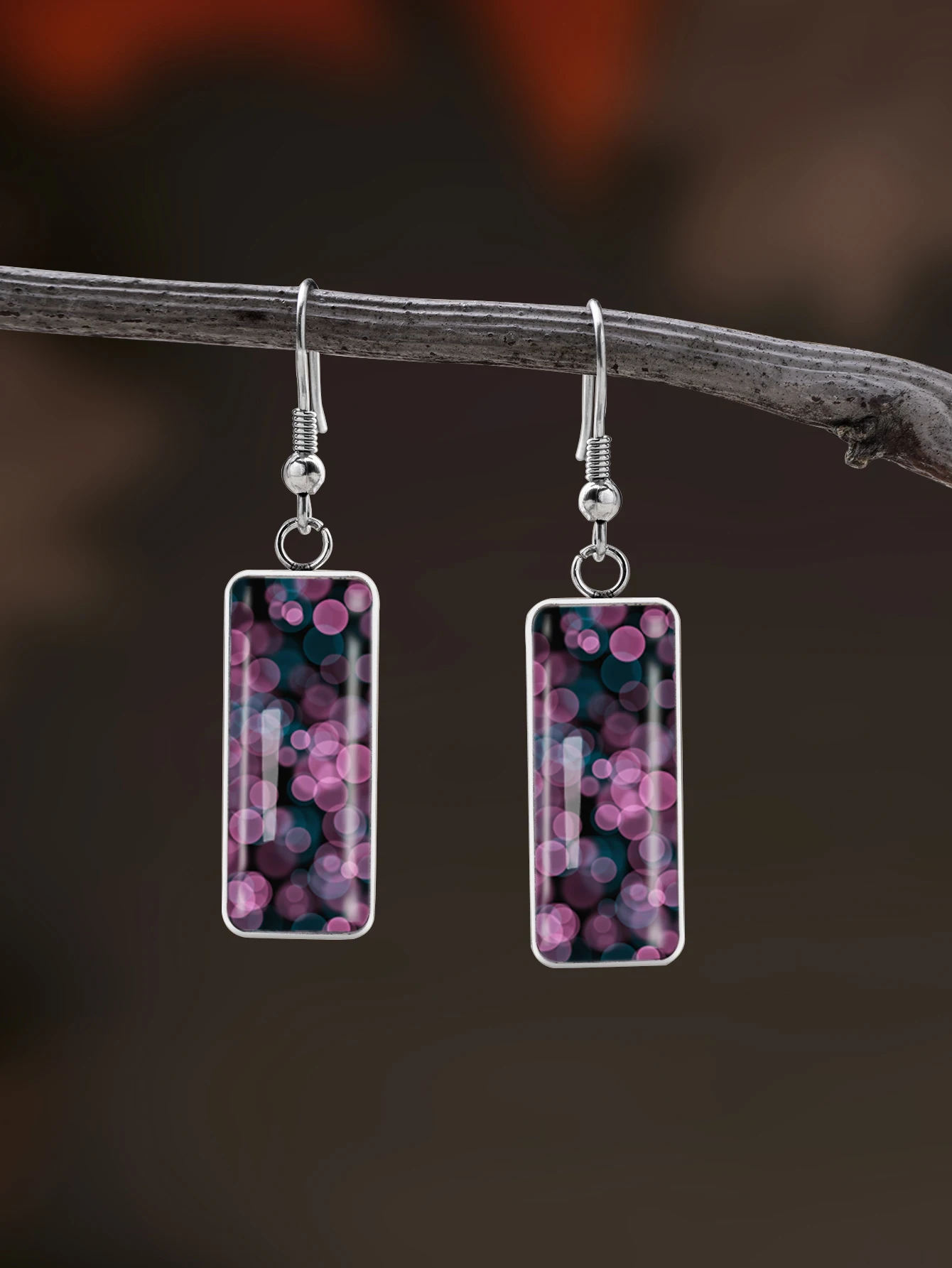 1 Paar Valentinstag-Ohrringe mit Blumenmuster, konvexem Glas und langen Haken aus 316er Edelstahl, im Retro- und schlichten Stil, geeignet für Frauen als Schmuck für den täglichen Gebrauch oder als
