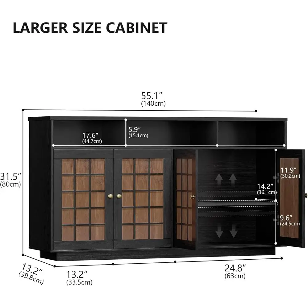 Sideoard uet Cainet witCarging Station & Led, 55'' Coee ar Cainet w/ Grid Design & Color locking, -Century ern Sideoard Cainet w