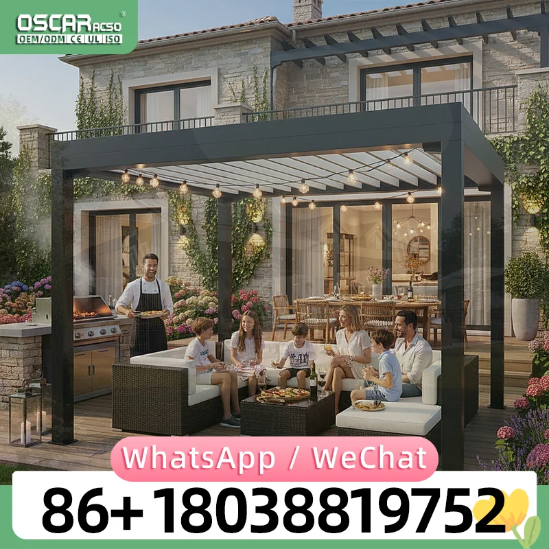 Motorized Rotating Blade Aluminum Pergola 3 Speed Adjust Intelligent Gazebo Patio LED Light Weatherproof Garden Deck Backyard Eu