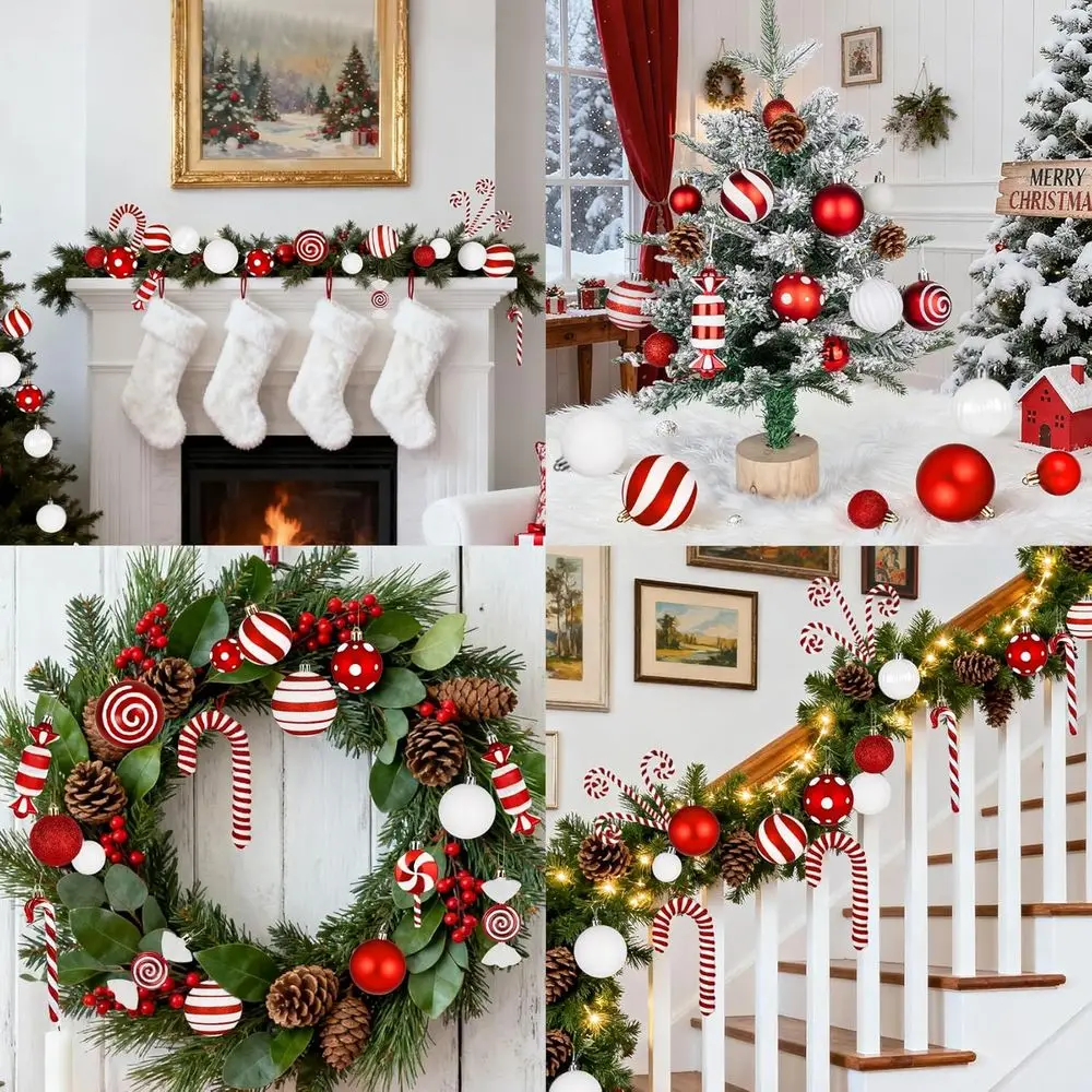 Conjunto de enfeites de árvore de Natal com tema de bastão de doces de 88 peças com pirulito, fita e bolas inquebráveis para decoração festiva de férias