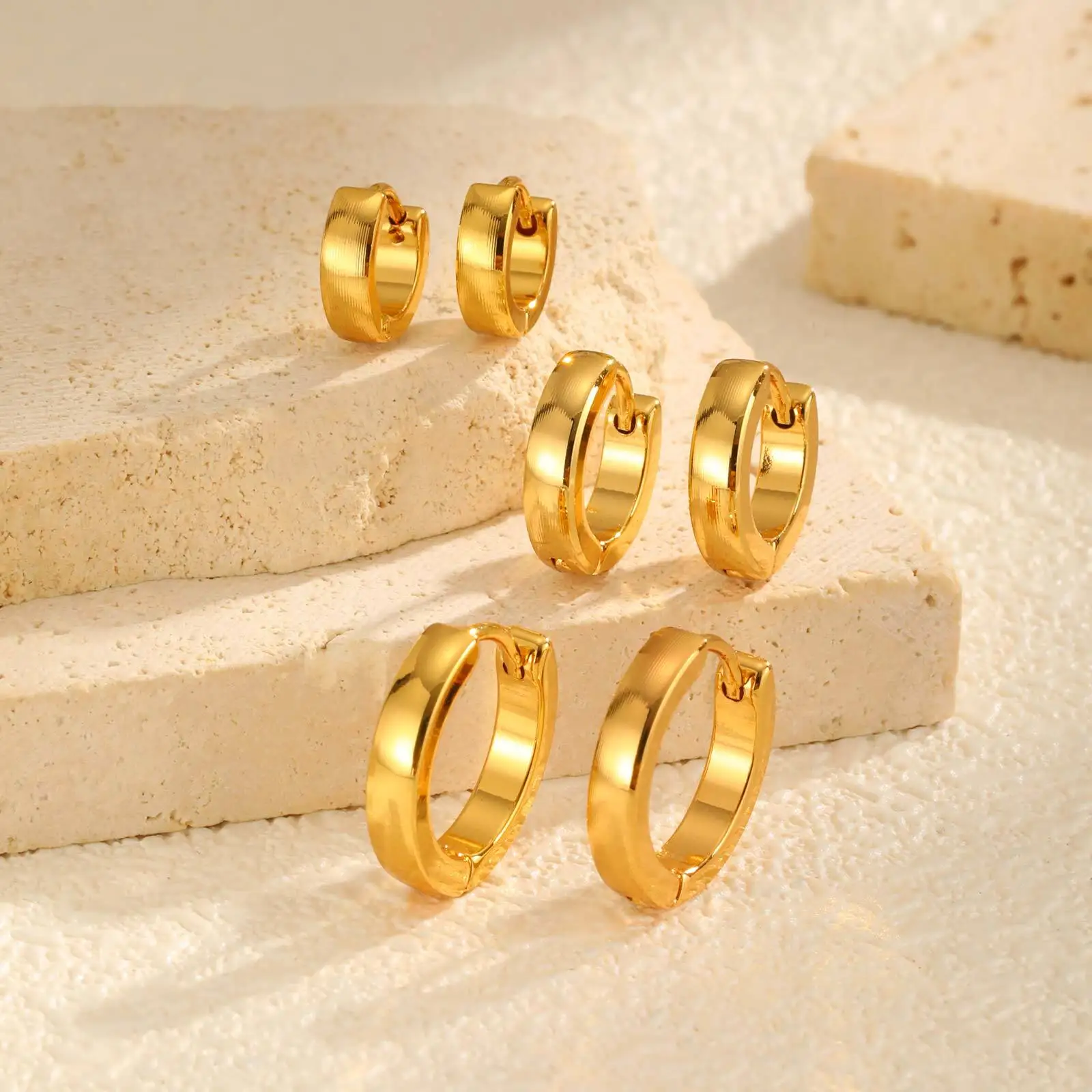 Vnox Stainless Steel Hoop Earrings Set For Women,3 Pair A Set Smooth Gold Plated Fashion Jewelry,Ear Circle Piercing Earrings - Detail 1
