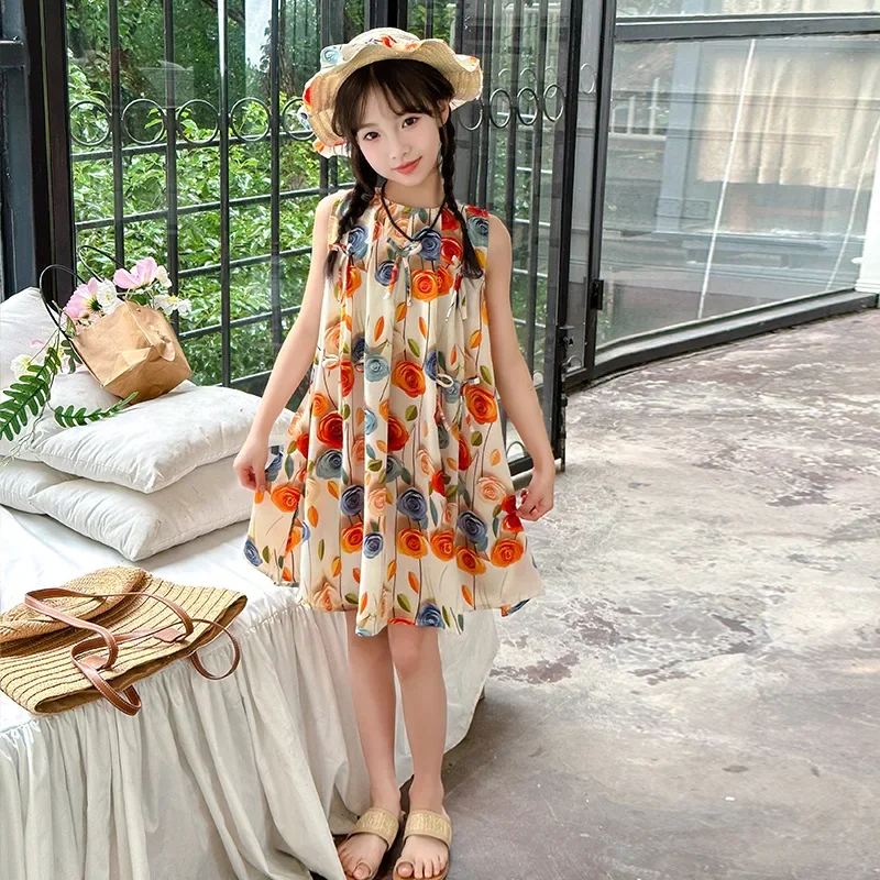 

2025 Sleeveless lace Toddler Girl Summer Clothes FLORAL pearl Pleated Slip Dresses Casual Princess Party Kids 4 8 10 11 year