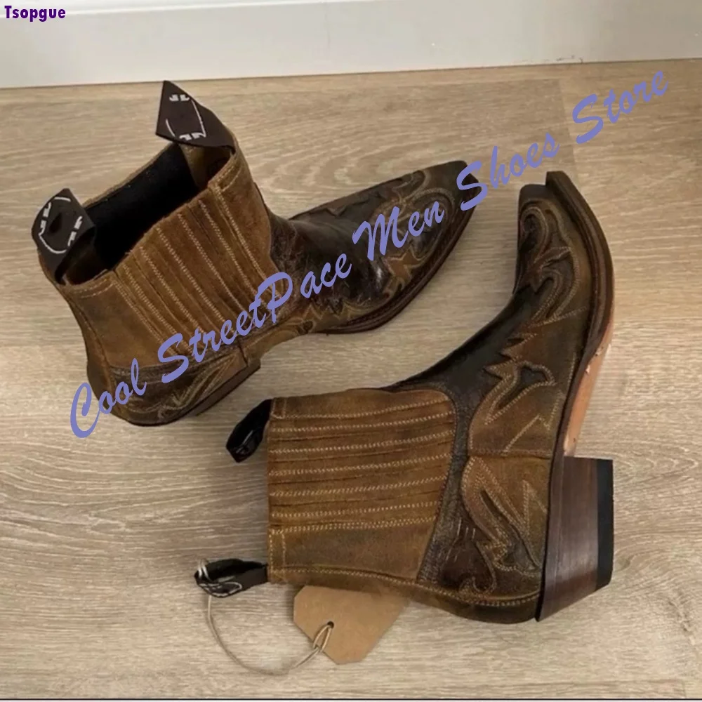 Vintage Embroidery Western Cowboy Ankle Boots Men Distressed Washed Leather Pointed Elastic Slip On Chelsea Boots Low Block Heel