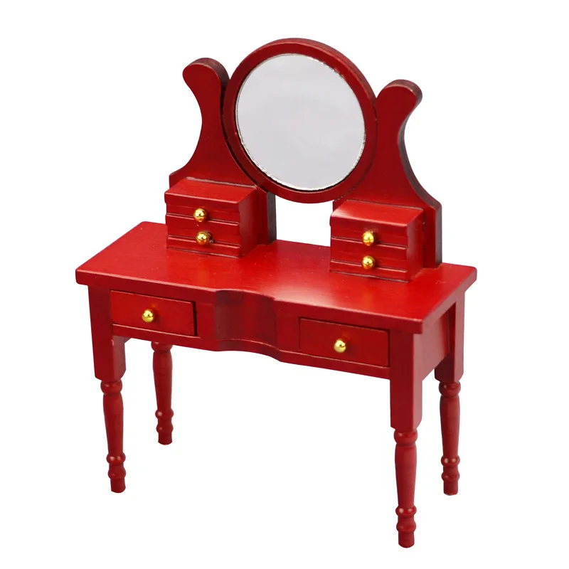 โต๊ะเครื่องแป้งจิ๋วสำหรับบ้านตุ๊กตาขนาด 1:12 - โต๊ะเครื่องแป้งไม้สีแดงสุดหรูพร้อมกระจกและลิ้นชัก |   ของตกแต่งบ้านตุ๊กตา