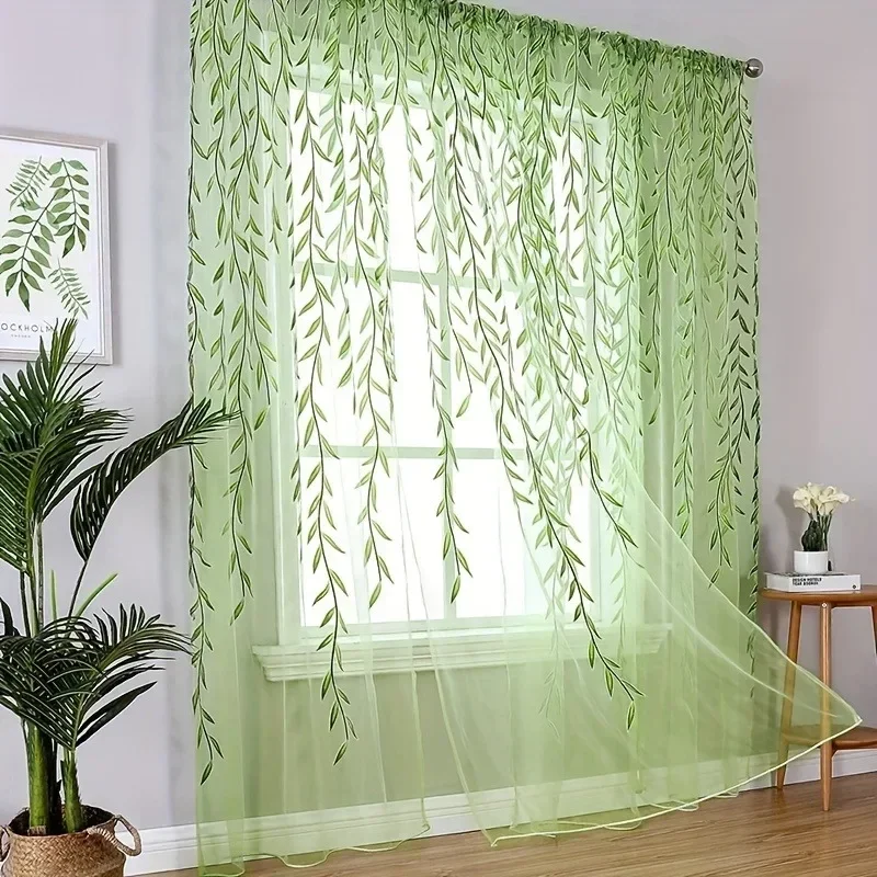 1pc Willow Leaf Sheer Window Curtains Fresh Pastoral Style Voile Curtains for Living Room Bedroom Kitchen Home Decoration 1mx2m