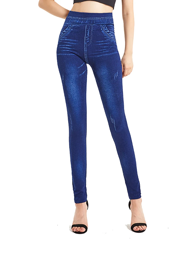 CUHAKCI moda Slim sztuczny Jeans Jeans kobiety Plus rozmiar legginsy do treningu Fitness kieszeń drukowanie Casual długie spodnie ołówkowe S-3X