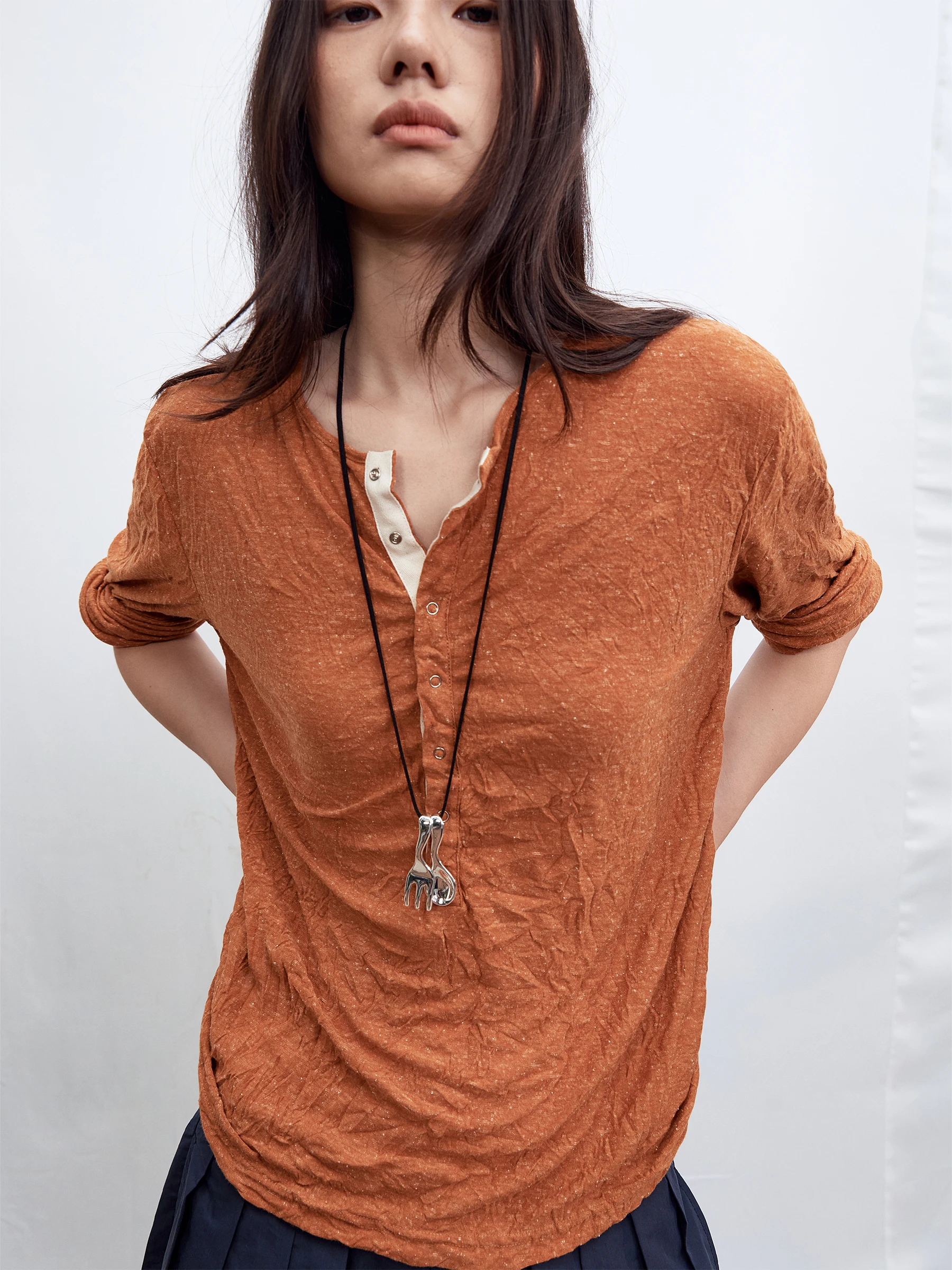 SHKUCO Vintage Folded Texture Classic Collar Lightweight Comfortable Long Sleeve T-Shirt Casual Style Loose Fit Polyester Linen