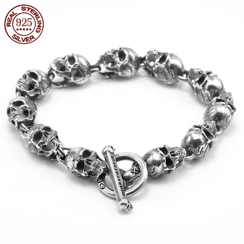 

S925 Серебро в американском стиле Garber, череп ручной работы, мотоциклетная ручная строка, трендовый мужской и женский винтажный браслет в стиле панк со скелетом
