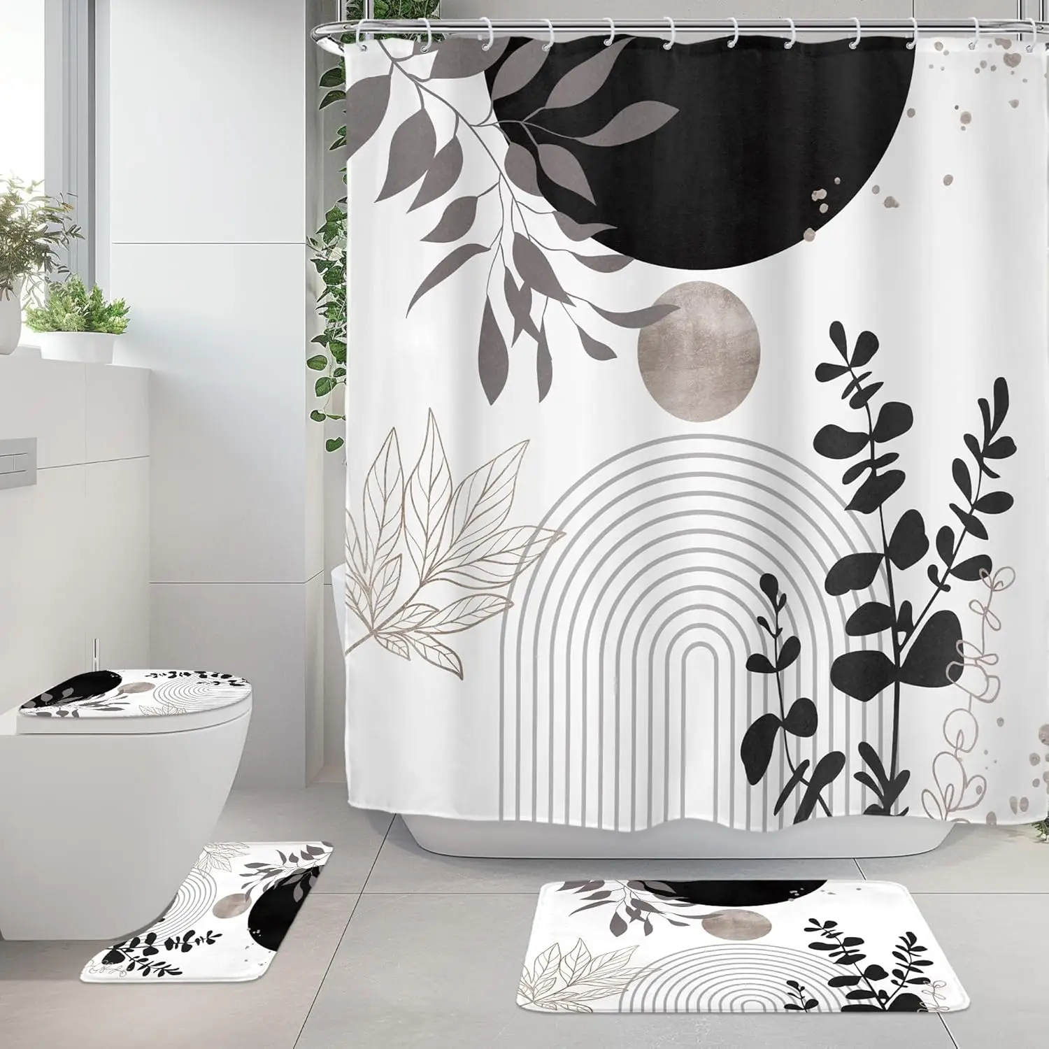 

Черный, белый цвет в стиле бохо, 4 шт., наборы занавесок для душа для ванной комнаты, серые ретро абстрактные листья, набор декора для ванной комнаты с ковриками и аксессуарами