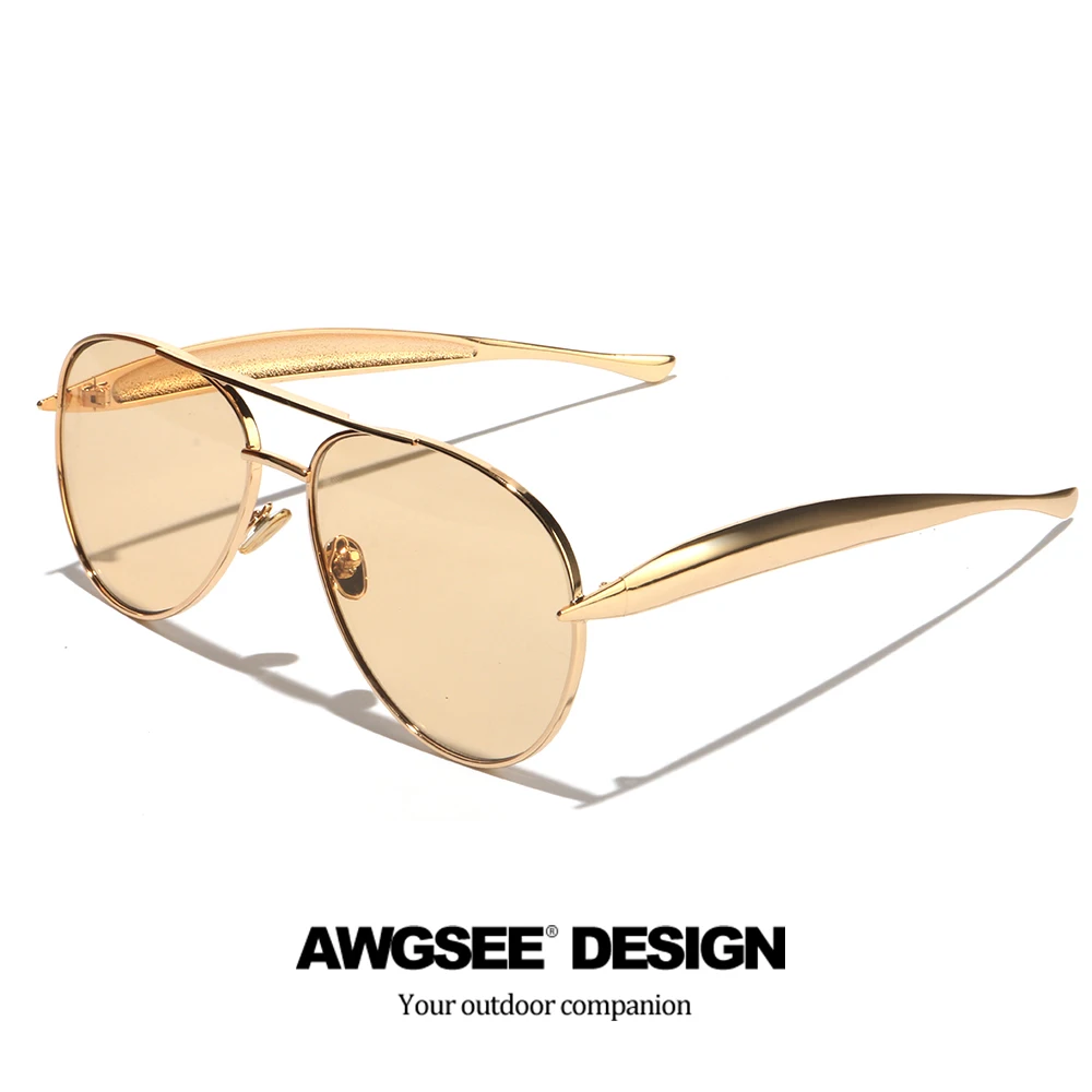 Oversized Aviator Glasses for Women  Vintage Golden Frame with Champagne Lenses, Sexy Golden Streamlined Arms, Retro Chic Style