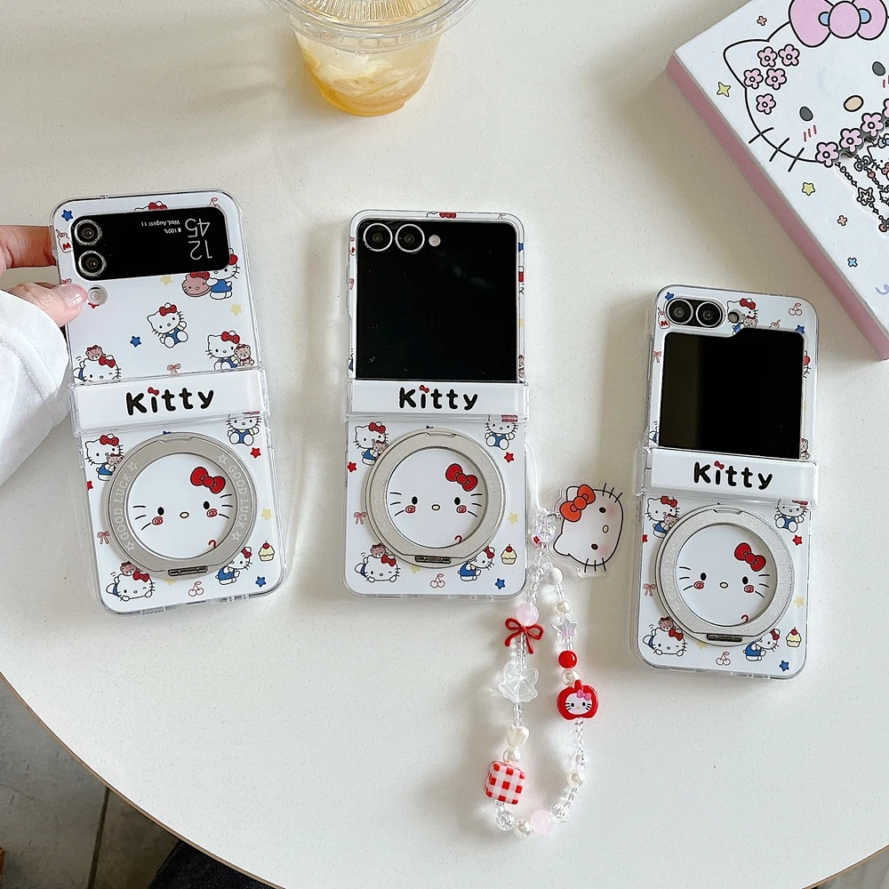 Fashion Cute Cartoon Sanrio Hello Kitty Bow 360°Rotation Stand Phone Case For Samsung Galaxy Z Flip 7 6 5 4 Cover With Lanyard