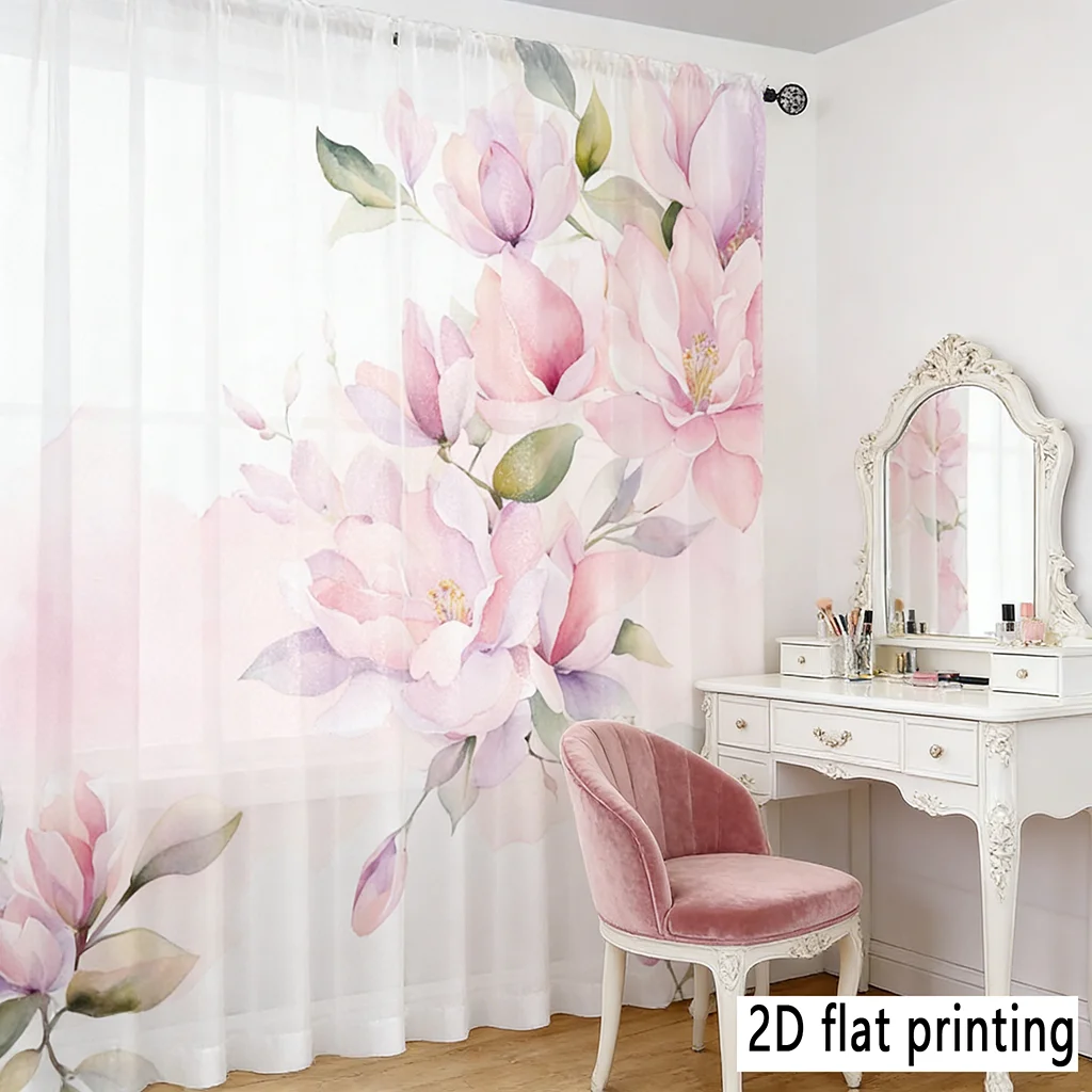 2PCS Digital Print Sheer Curtain, Watercolor Pink Flower Floral Art Painting Window Drapes for Living Room Bedroom Home Decor