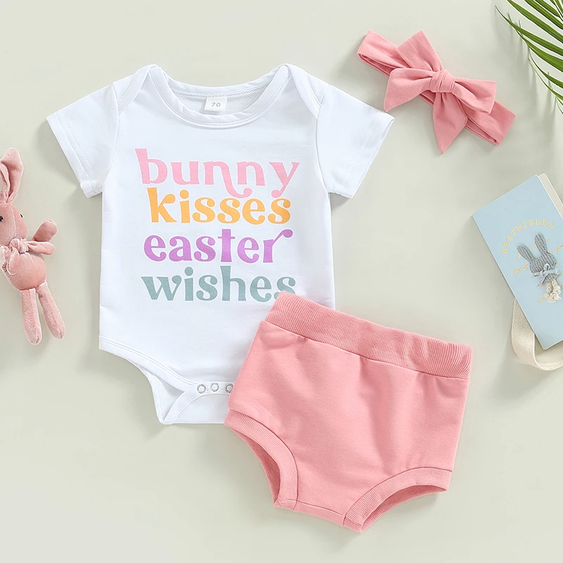 Baby Girls Summer Clothes Easter Set Letter Print Short Sleeve Crew Neck Romper Bobbles Elastic Waist Shorts Bow Headband 3Pcs