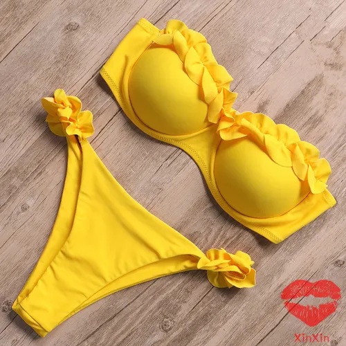 Bikini Bandeau, traje de baño para mujer, traje de baño Sexy con Tanga y volantes, conjunto de Bikini con Push-Up, traje de baño brasileño para mujer 2021