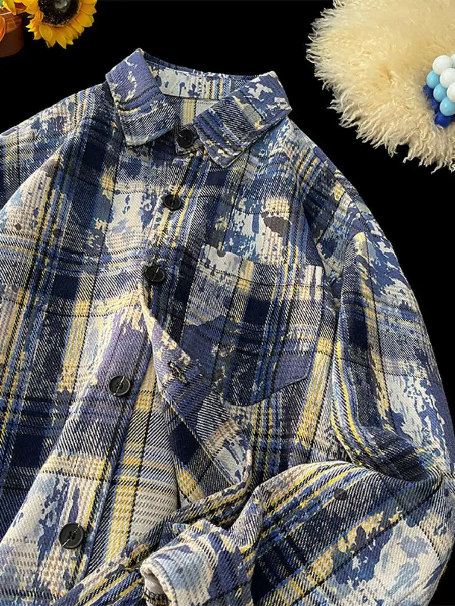 

Casual Plaid Long Sve irt Men's Loose Fit Hip Haome Outerwear Hong Kong Sle Cotton Blend Fabric Autumn Jaet